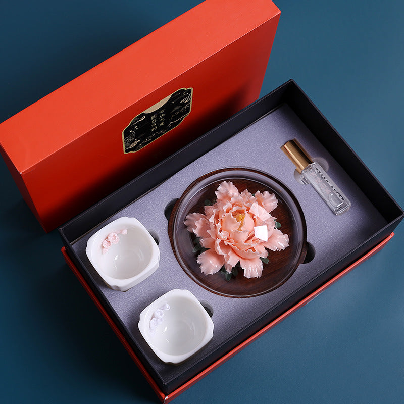 Handcrafted Peony Ceramic Diffuser & Tea Set Porcelain Dual Cups Aromatherapy Gift Box