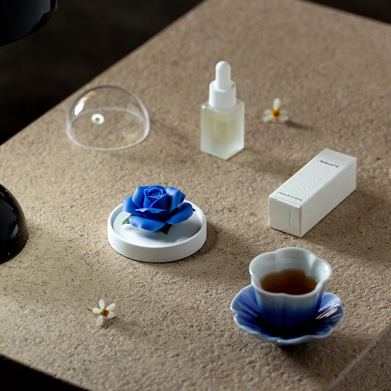 Blue Rose Ceramic Diffuser Gift Set With Handmade Flower Aromatherapy And Minimalist Cup With Gift Box