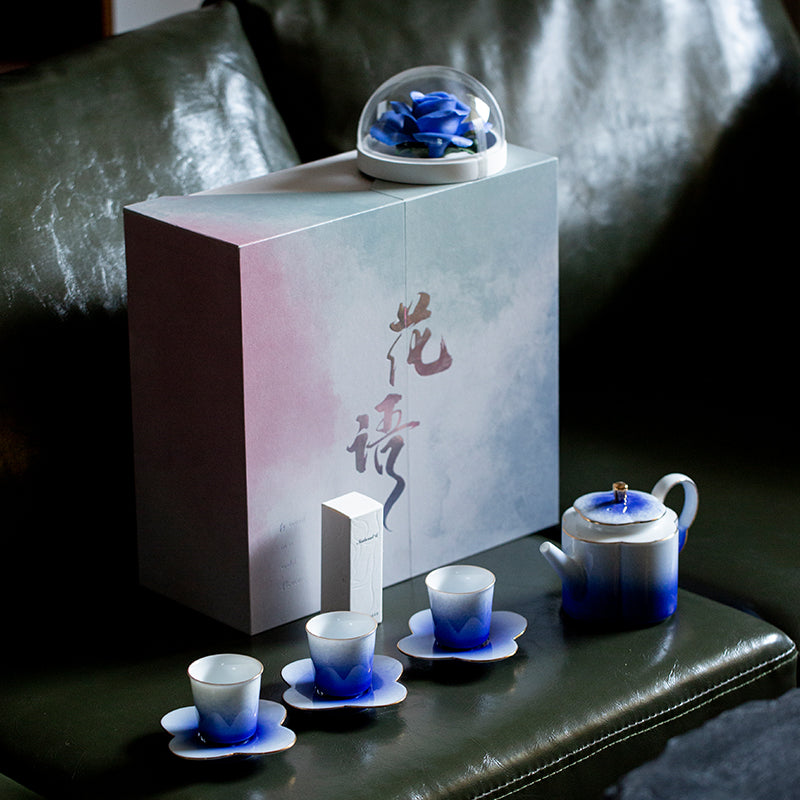 Blue Enchantress Rose Ceramic One Pot Three Cups Kung Fu Tea Set Aromatherapy Set Holiday High-end Souvenir Gift Box