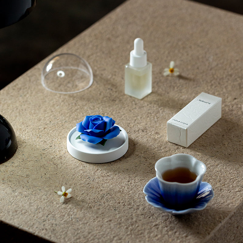 Blue Rose Ceramic Diffuser Gift Set With Handmade Flower Aromatherapy And Minimalist Cup With Gift Box